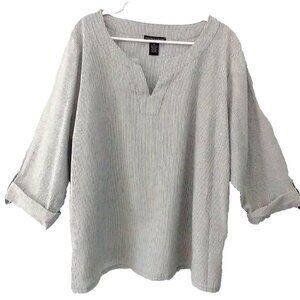 Preswick & Moore Blouse Blue Striped V Neck Roll Tab Sleeve Cotton Top - 3X